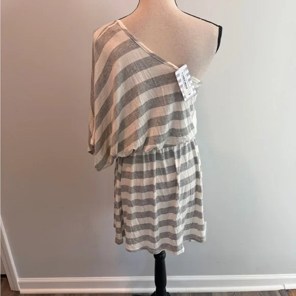 Fantastic Fawn Gray Stripe One Shoulder Mini Dress NWT Women’s size Medium - Picture 6 of 9